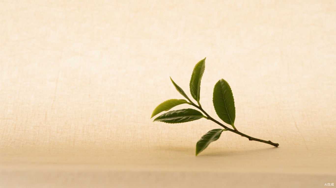 宣纸上斜入画面的一支茶枝，大量留白